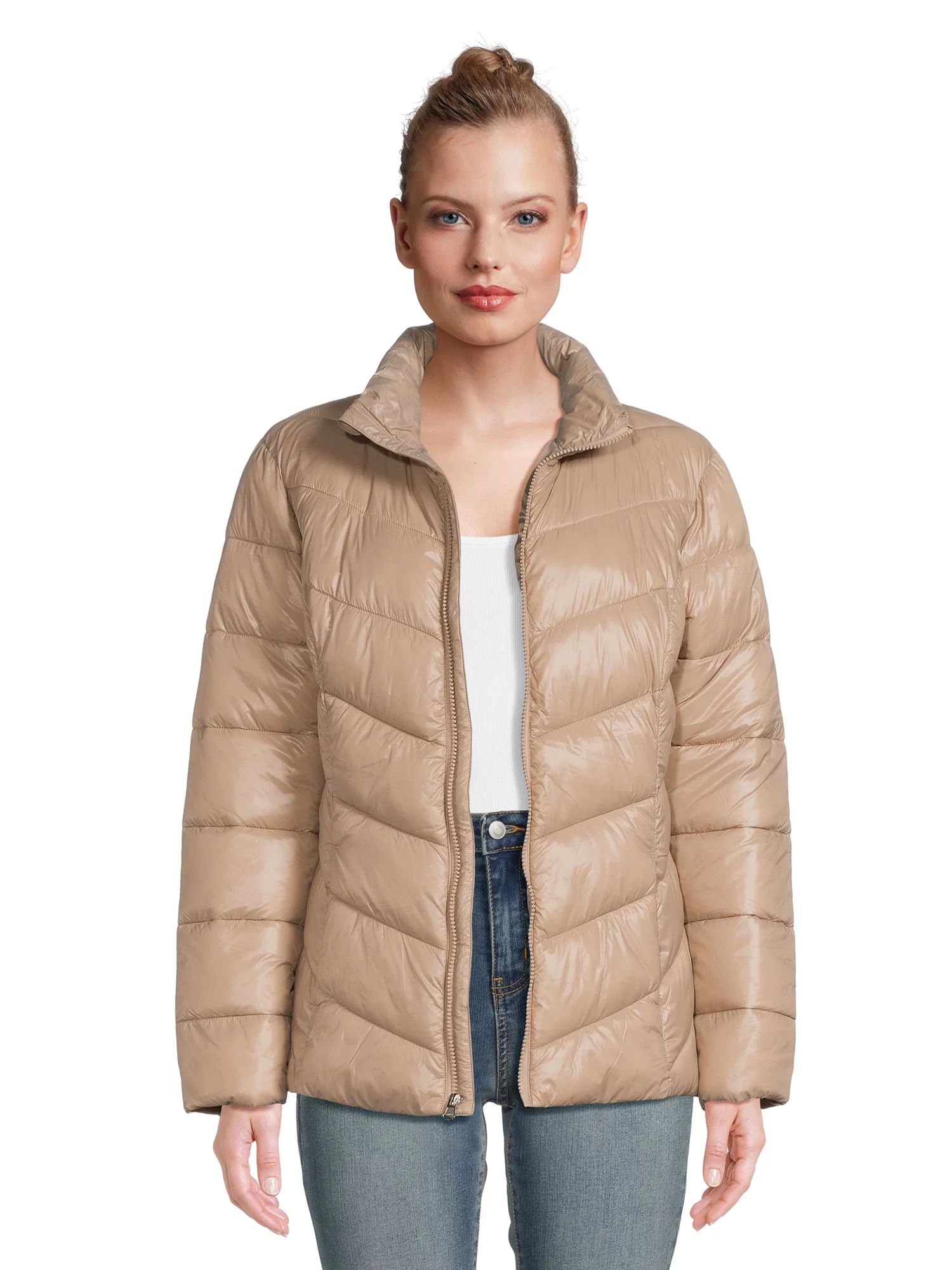 Time and Tru Women's Chevron Midweight Puffer Jacket, Sizes XS-3X | Walmart (US)
