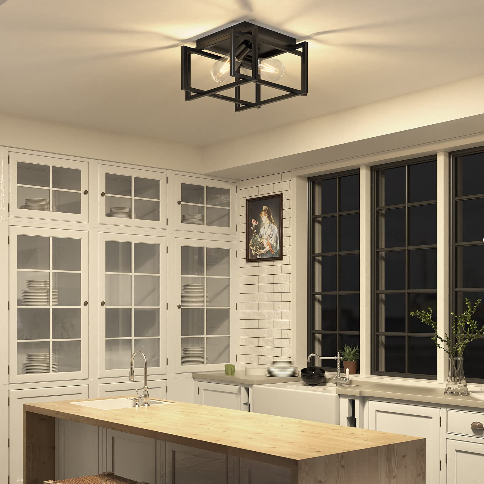 Feanron 2-Light Flush Mount Ceiling Light Fixture, Industrial Black Metal Ceiling Light, Modern R... | Amazon (US)