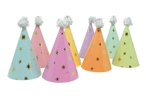 Party Partners Small Paper Cone Birthday Party Hats, 8-Count, Pastel/Gold Stars | Amazon (US)