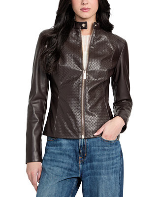 GUESS Women's Faux-Leather Basketweave Jacket - Macy's | Macy's