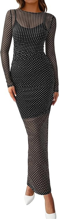 BTFBM 2 Piece Sets Fall Maxi Dresses for Women | Sexy Long Sleeve Polka Dot Bodycon Mesh And Slip... | Amazon (US)
