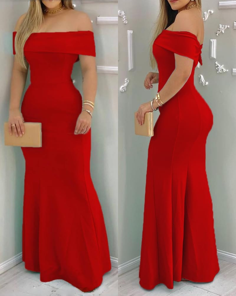 Womens Off Shoulder Slim Fit Maxi Dress Flared Hem Elegant Vintage Casual Formal Party Club Cocktail Date Night Dress | Amazon (US)