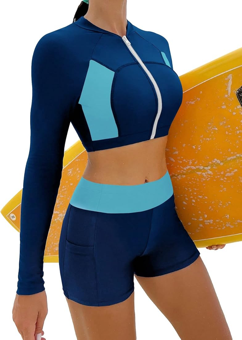 MakeMeChic Women's 2 Piece Bathing Suits Color Block Long Sleeve Zip Front Swim Top High Waisted ... | Amazon (US)