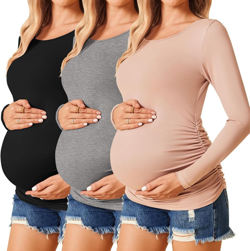 Ekouaer Womens Maternity Shirts Long Sleeve 3 Packs Pregnancy Tee Top Tunic Blouse Casual Mama Cl... | Amazon (US)