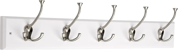 129848 Coat Rack, 27-Inch, Wall Mounted Coat Rack with 5 Decorative Hooks, Satin Nickel and White | Amazon (US)