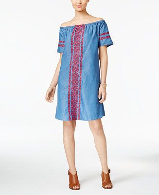 Style & Co Off-The-Shoulder Denim Embroidered Dress, Only at Macy's | Macys (US)
