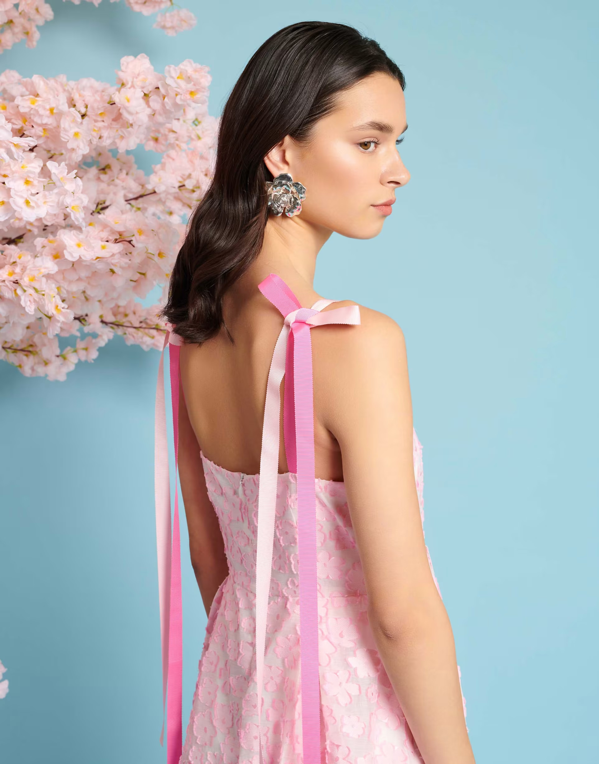 Sister Jane contrast bow strap jacquard midaxi dress in pink | ASOS (Global)