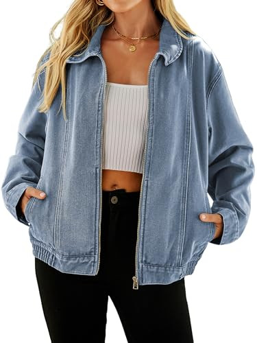 Glamaker Womens Denim Jacket Zip Up Spring Fall Casual Jean Jacket Relaxed Fit Classic Denim Coat | Amazon (US)