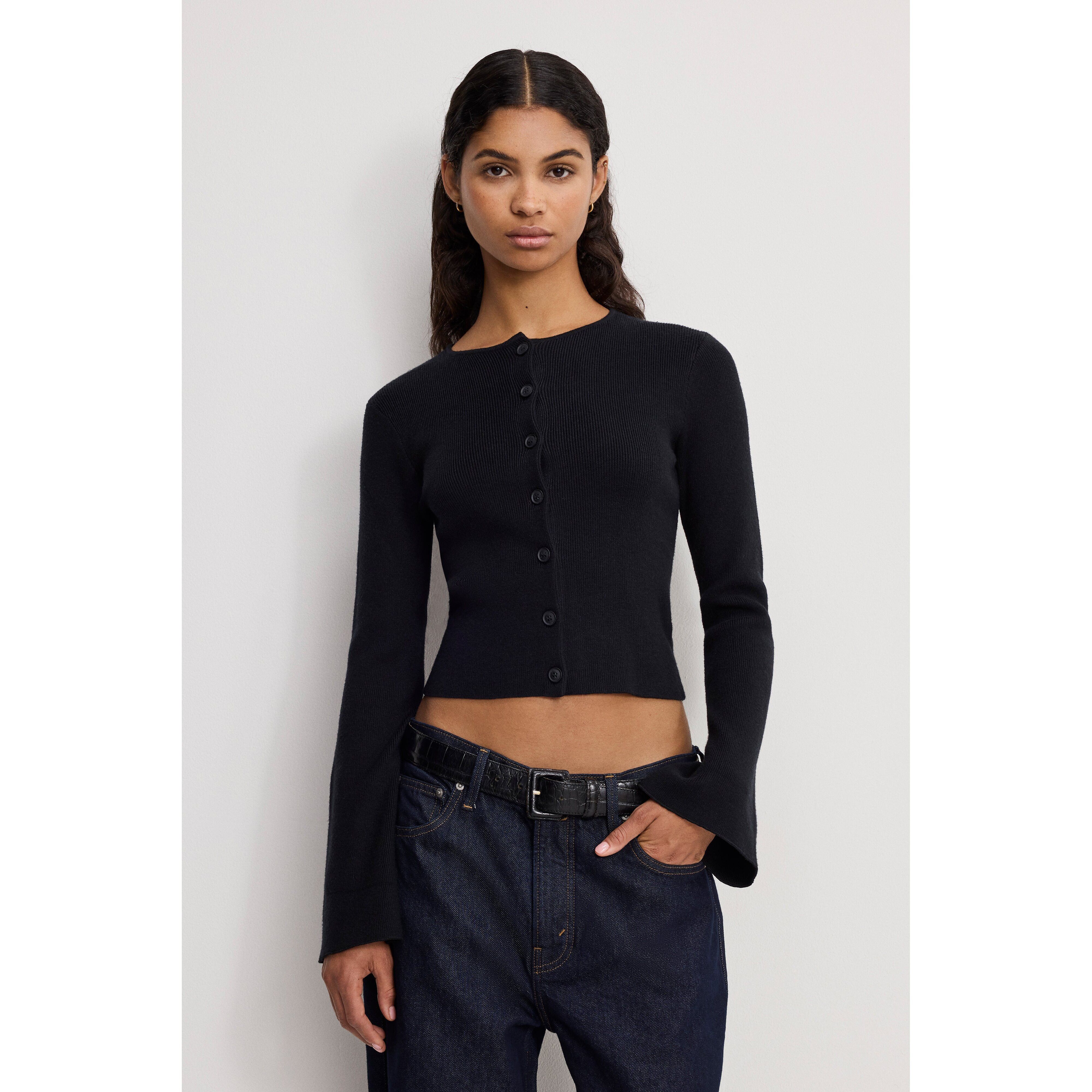 Women's Bell Sleeve Knit Cardigan | Black, Size 2XL | Good American by Khlo� Kardashian | Good American