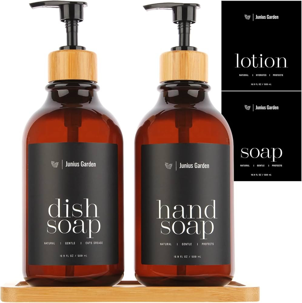 Junius Garden Kitchen and Bathroom Amber Soap Dispenser Set with Bamboo Tray; Plastic Liquid Dish... | Amazon (US)