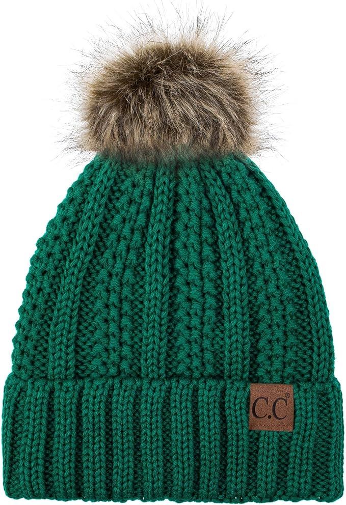 C.C Exclusives Fuzzy Lined Knit Fur Pom Beanie Hat (YJ-820) | Amazon (US)