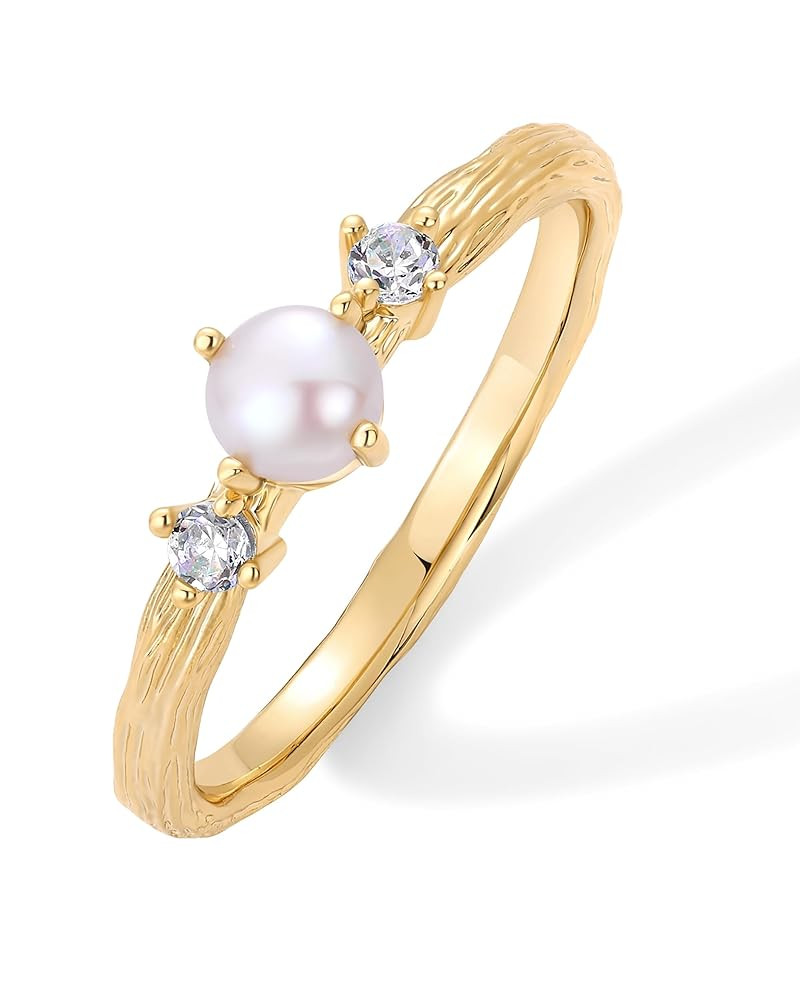 PAVOI 14K Gold Plated Pearl Hammered Ring for Women | Dainty Elegant Stackable Cubic Zirconia Thi... | Amazon (US)