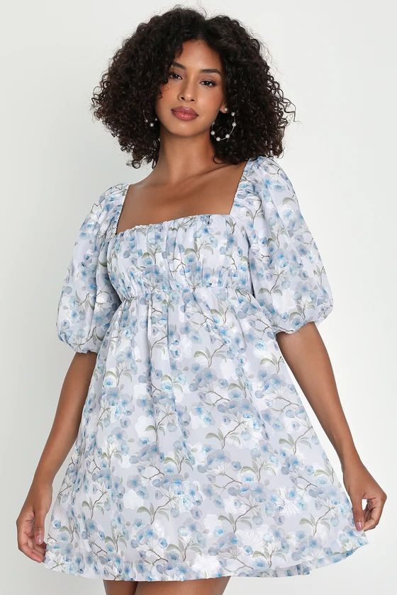 Lush Romance Blue Floral Puff Sleeve Tie-Back Mini Dress | Lulus (US)