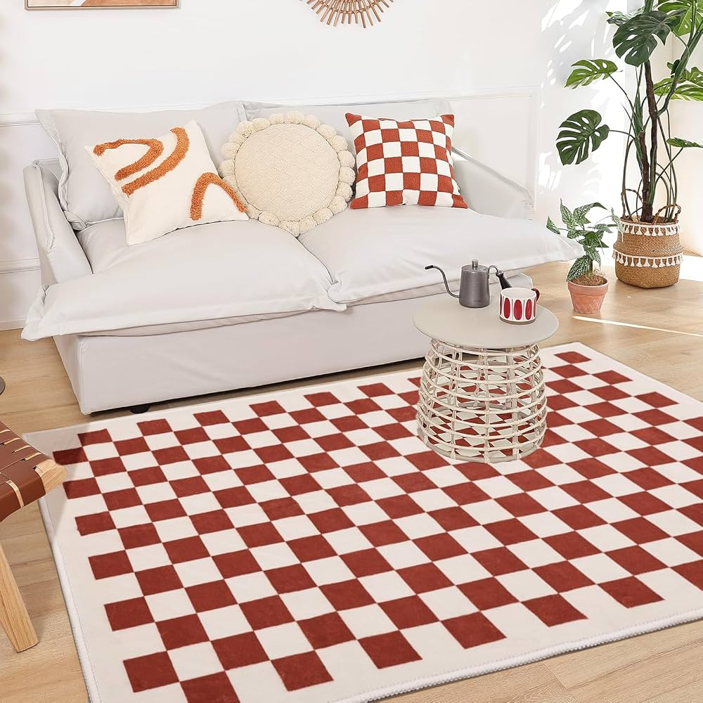 TRUEDAYS 4x6 Checkered Rug 4x6 Modern Rust Red Area Rug Low Pile Washable Buffalo Plaid Rugs for ... | Amazon (US)