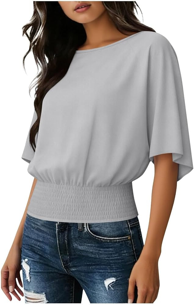 Boho Tops for Women Crew Neck Half Sleeve Banded Bottom Flowy Dressy Chiffon T Shirts Basic Blous... | Amazon (US)