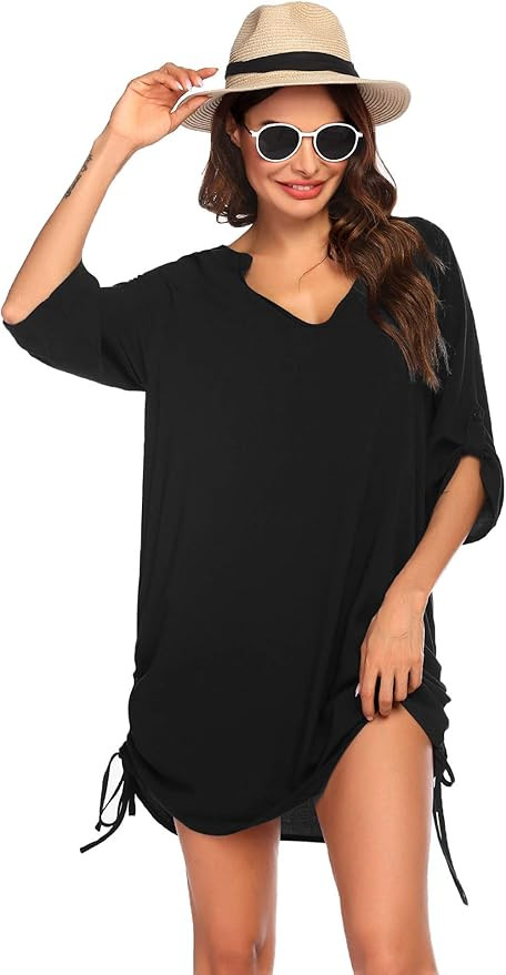 Hotouch Swim Cover Ups Women Bathing Suit Coverups V Neck Roll Up Sleeve Beach Dress Swimsuits S-... | Amazon (US)