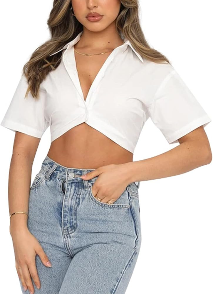 Remidoo Women's Caual Short Sleeve Button Down Crop Top Pleated Back Blouse Shirt | Amazon (US)