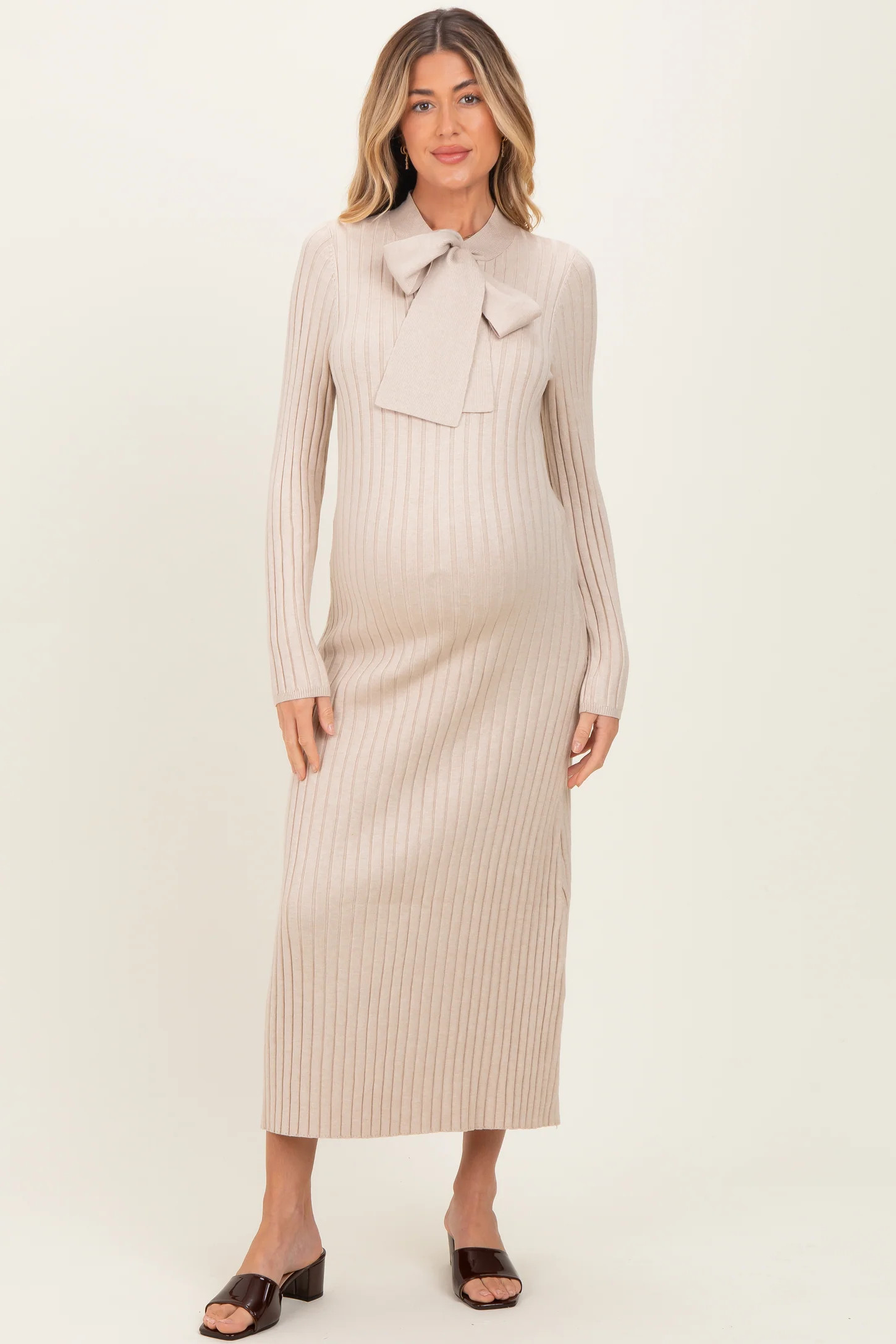 Beige Neck Tie Sweater Maternity Dress | PinkBlush Maternity