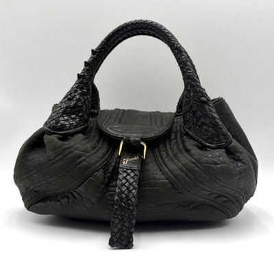FENDI Spy Bag Black Leather Handbag Woven Handle Flap Pocket Used Italy | eBay US