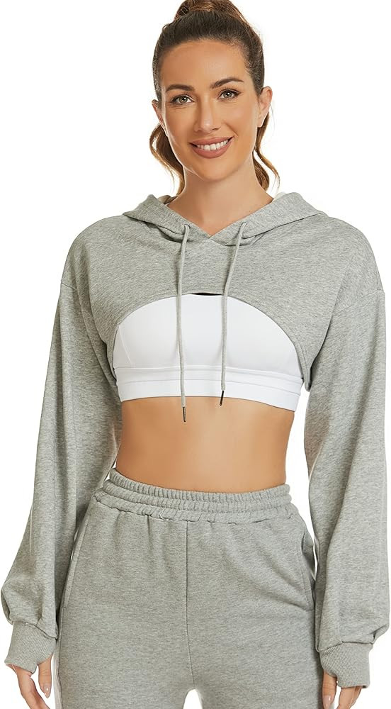 Flygo Women's Cut Out Ultra Crop Top Hoodie Long Sleeve Hooded Pullover Sweatshirt | Amazon (US)