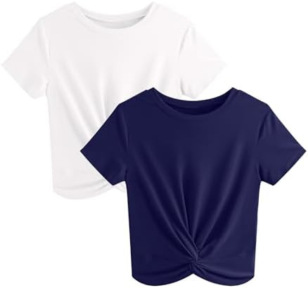 JINKESI Women's 2 Pack T-Shirts Summer Crop Tops Causal Crew Neck Short Sleeve Twist Front Tee T-... | Amazon (US)