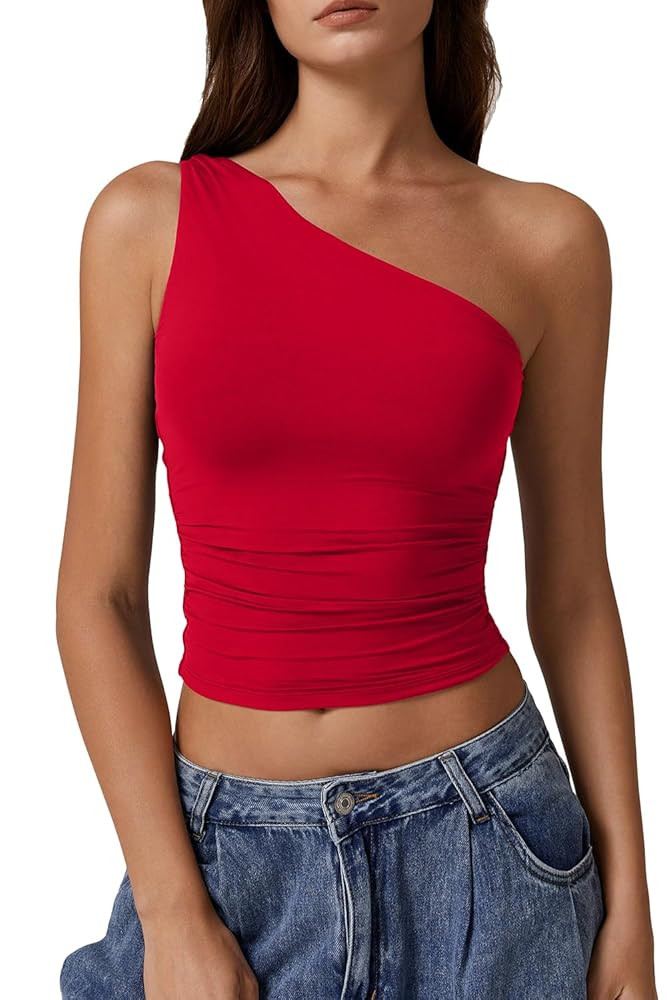 QINSEN Women's One Shoulder Tank Tops Double Lined Sleeveless Slim Fit Cropped Tee Shirt Y2k Tops | Amazon (US)