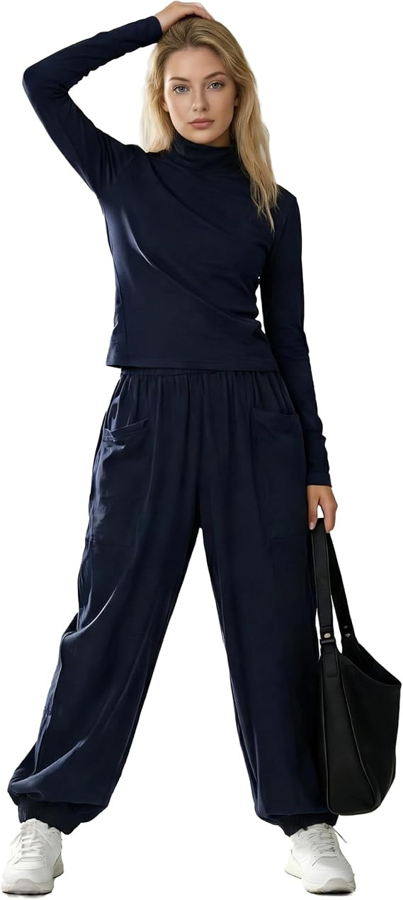 IQSQSQ Women’s 2 Piece Lounge Set Mock Neck Top Wide Leg Joggers Elastic Waist with Pockets Cas... | Amazon (US)