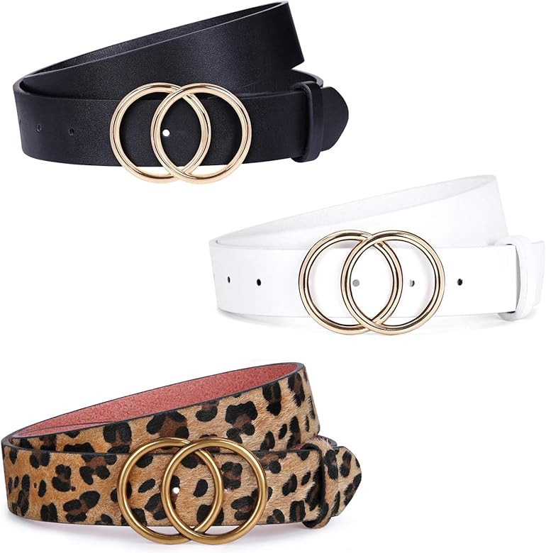 JASGOOD 3 Pack Women Leather Belt for Jeans Pants, Ladies Waist Belts with Double O-Ring Buckle | Amazon (US)