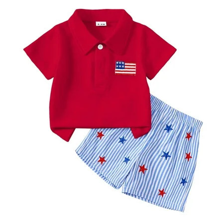 TOWED22 4th of July Baby Boy Outfit Toddler USA Flag Polo Shirts Gingham Plaid/Stripes Shorts Set Independence Day Clothes(Red,6-12 M) | Walmart (US)