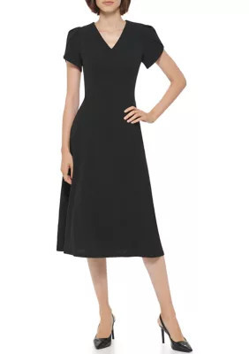 Calvin Klein Women's Short Tulip Sleeve V-Neck Solid Fit And Flare Dress, Black, 10 | Belk