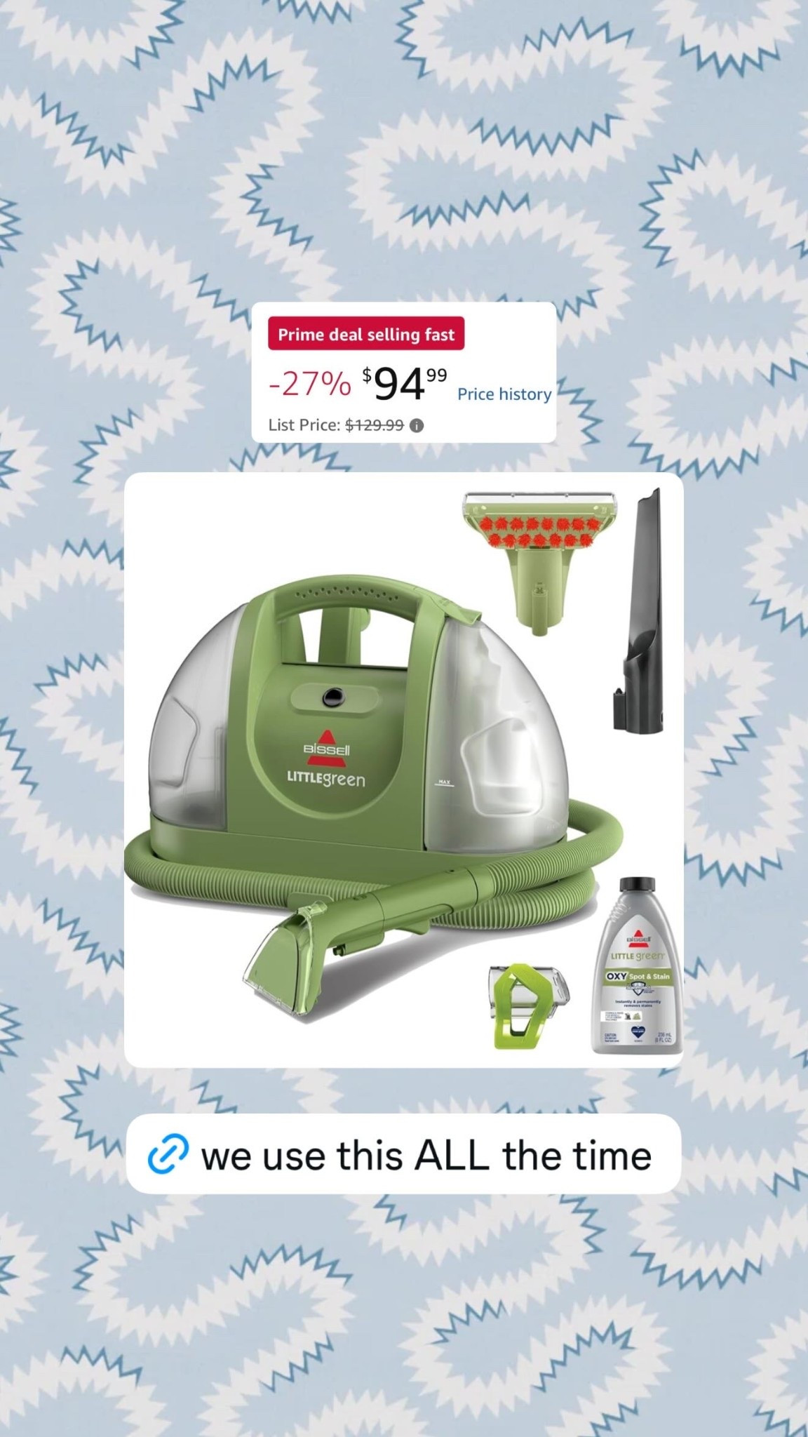 This little machine earns its spot in our home every single week — it’s not just for pets, we use it on food spills, couch cushions, rugs, you name it. The Bissell Little Green portable carpet and upholstery cleaner is 27% off right now as a Prime Day deal at $94.99 (down from $129.99), and it comes with the OXY stain and odor formula and multiple attachments for getting into tight spots. If you’ve been on the fence about the Bissell Little Green, this is genuinely one of the best Amazon home finds for anyone who wants a compact, powerful spot cleaner that works on carpet, furniture, stairs, and car interiors.

#LTKmomlife #LTKSaleAlert #LTKHome
