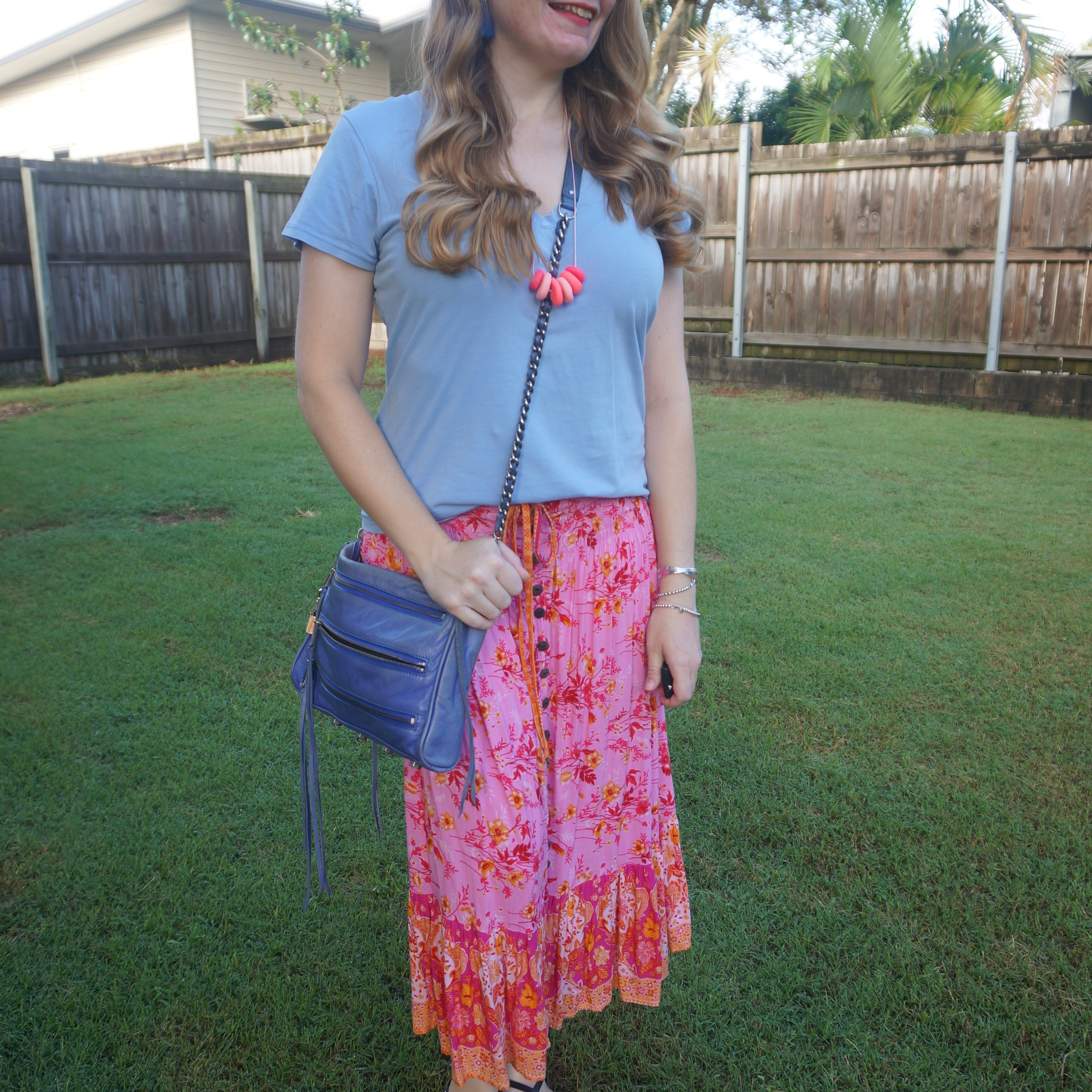 Blue tee, Rebecca Minkoff 5 zip bag and pink floral midi skirt 💙 

#LTKsummer #LTKaustralia