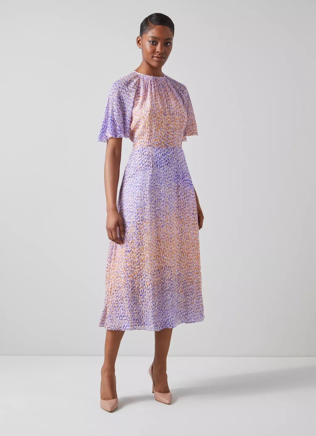 Elowen Purple and Peach Animal Print Midi Dress | L.K. Bennett (UK)