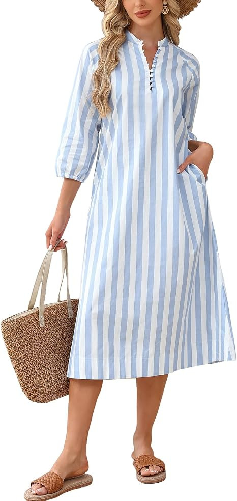 YEXPINE Women Summer Striped Button Down Long Maxi Dress Loose Fit 3/4 Sleeve Cotton Caftan Shirt... | Amazon (US)