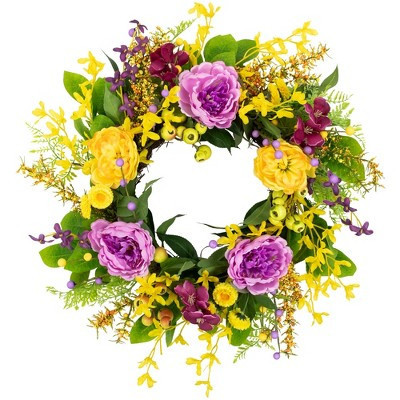 Northlight Peonies and Forsythia Spring Wreath - 24" - Yellow and Purple | Target