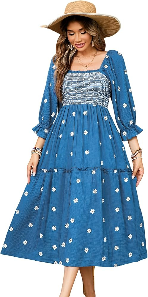 R.Vivimos Women's Long Sleeve Cotton Boho Midi Dress Vintage Square Neck Floral Embroidered Tiere... | Amazon (US)