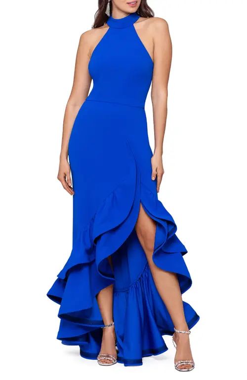 Betsy & Adam Halter Neck Ruffle Scuba Crepe Gown in New Cobalt at Nordstrom, Size 10 | Nordstrom