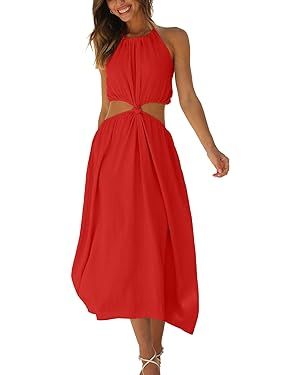 DEEP SELF Womens Summer Maxi Dresses Front Knot Cut Out Halter Neck Long Dress Casual Backless Fl... | Amazon (US)