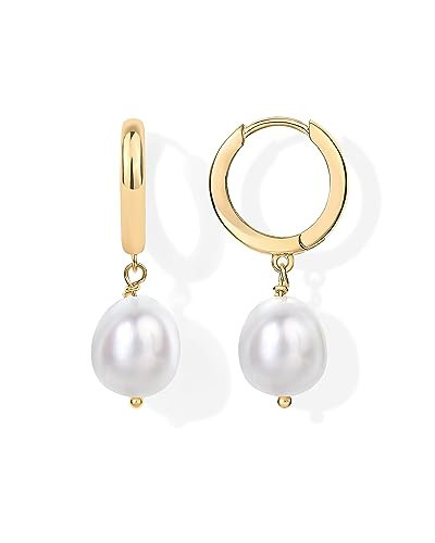 PAVOI 14K Yellow Gold Plated S925 Sterling Silver Post Lightweight Drop Dangle Huggie Hoop Earrings for Women | Dainty Pearl Earrings | Amazon (US)