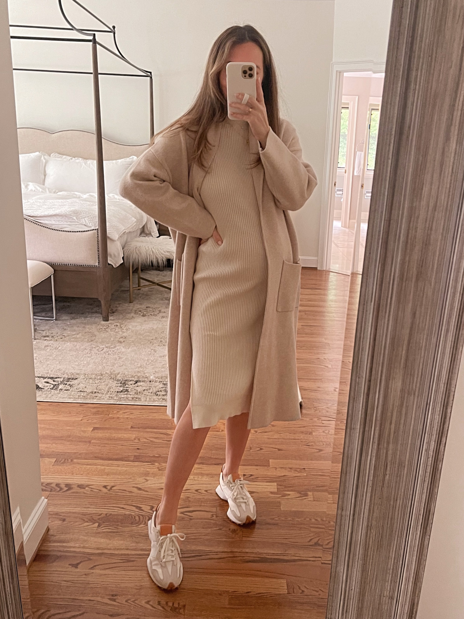 Mango coatigan, runs true to size. Wearing size S. Sweater dress also runs true to size. 

New balance outfit idea, coatigan outfit idea, fall pregnancy outfit, Amazon sweater dress  

#LTKbump #LTKSeasonal #LTKfindsunder100