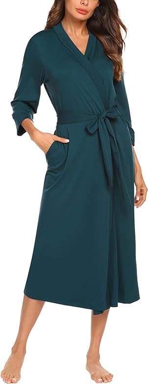MAXMODA Womens Robe, Soft Kimono Spa Knit Long Bathrobe Lightweight Loungewear with Attached belt | Amazon (US)
