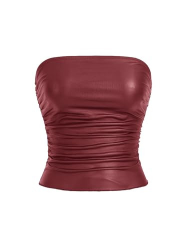 SOLY HUX Women's PU Leather Ruched Tube Top Strapless Sexy Party Clubwear Tops Going Out Streetwear Solid Red Medium | Amazon (US)