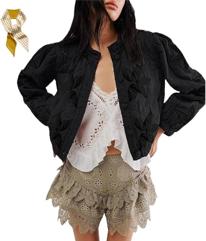 Women's Lightweight Floral Embroidered Cropped Quilted Jacket,Winter Warm Flower Print Button Dow... | Amazon (CA)