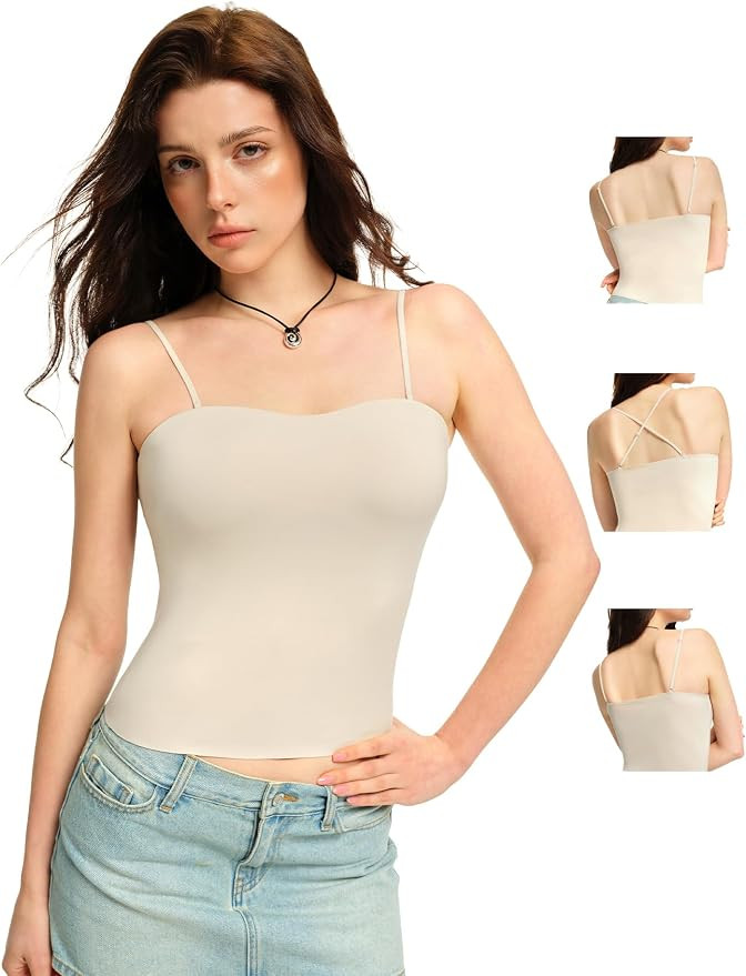 Womens Built in Bra Tank Tops Seamless Spaghetti Strap Going Out Camisole | Built-In Fixed Bra, A... | Amazon (US)