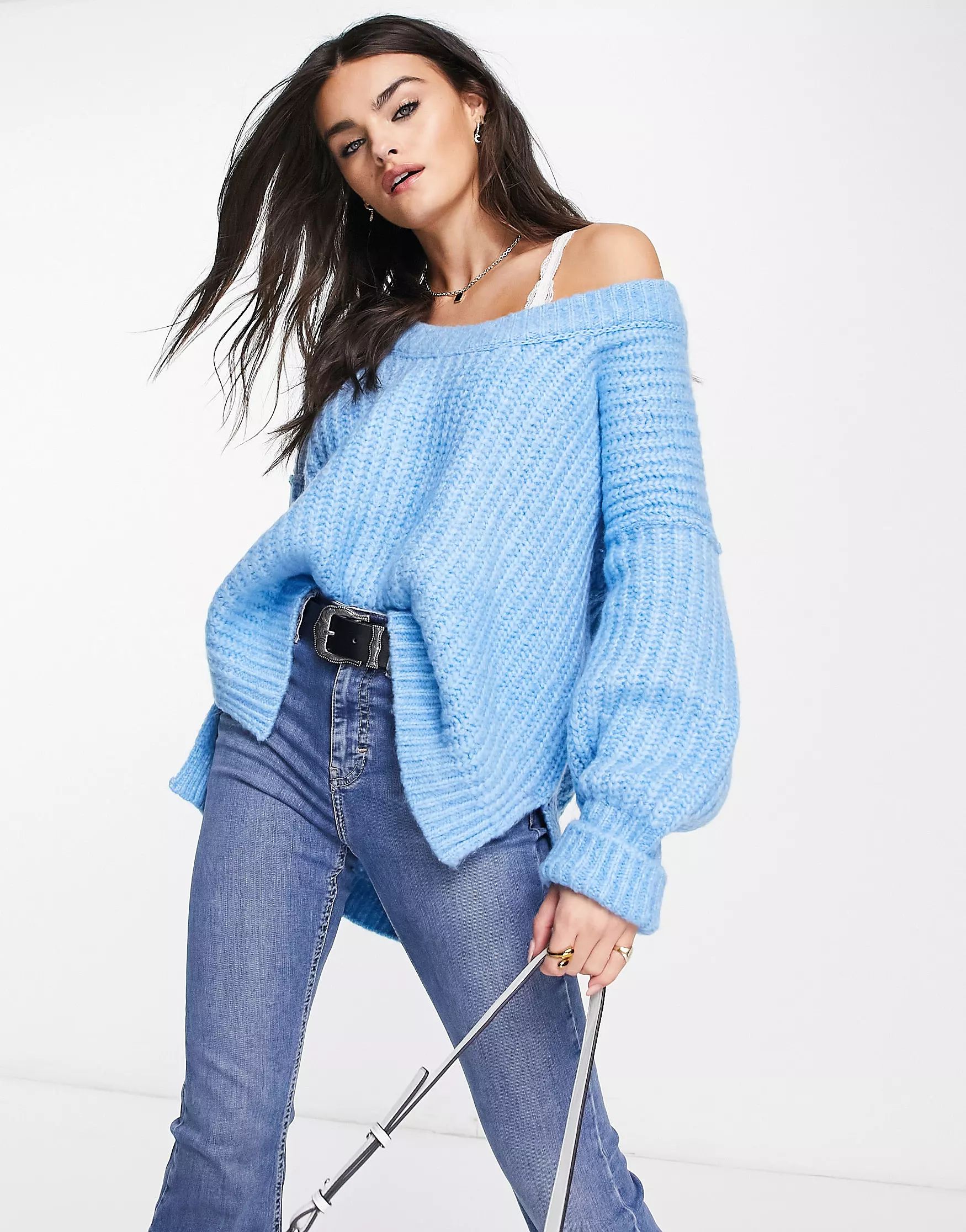 Free People Blue Bell oversized v-neck sweater in blue | ASOS (Global)