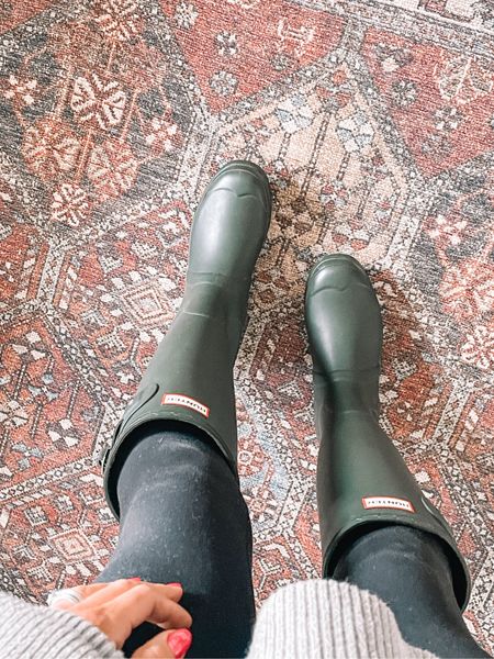 Olive green hunter rain boots.
Fit tts!

Spring outfit 
Rainy day outfit 
Office decor
Area rugs

#LTKstyletip #LTKshoecrush #LTKSeasonal