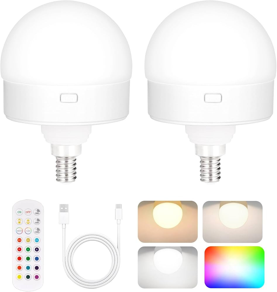 Yochoice 2-Pack E12 Rechargeable Battery Operated Light Bulb with Remote, Dimmable LED Bulb with ... | Amazon (US)