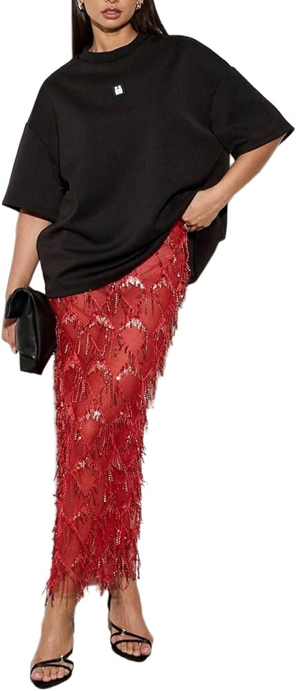 Apvirdy Sequin Skirt for Women Sparkly Fringe Sheer Overlay Skirt High Waist Side Split Midi Skir... | Amazon (US)