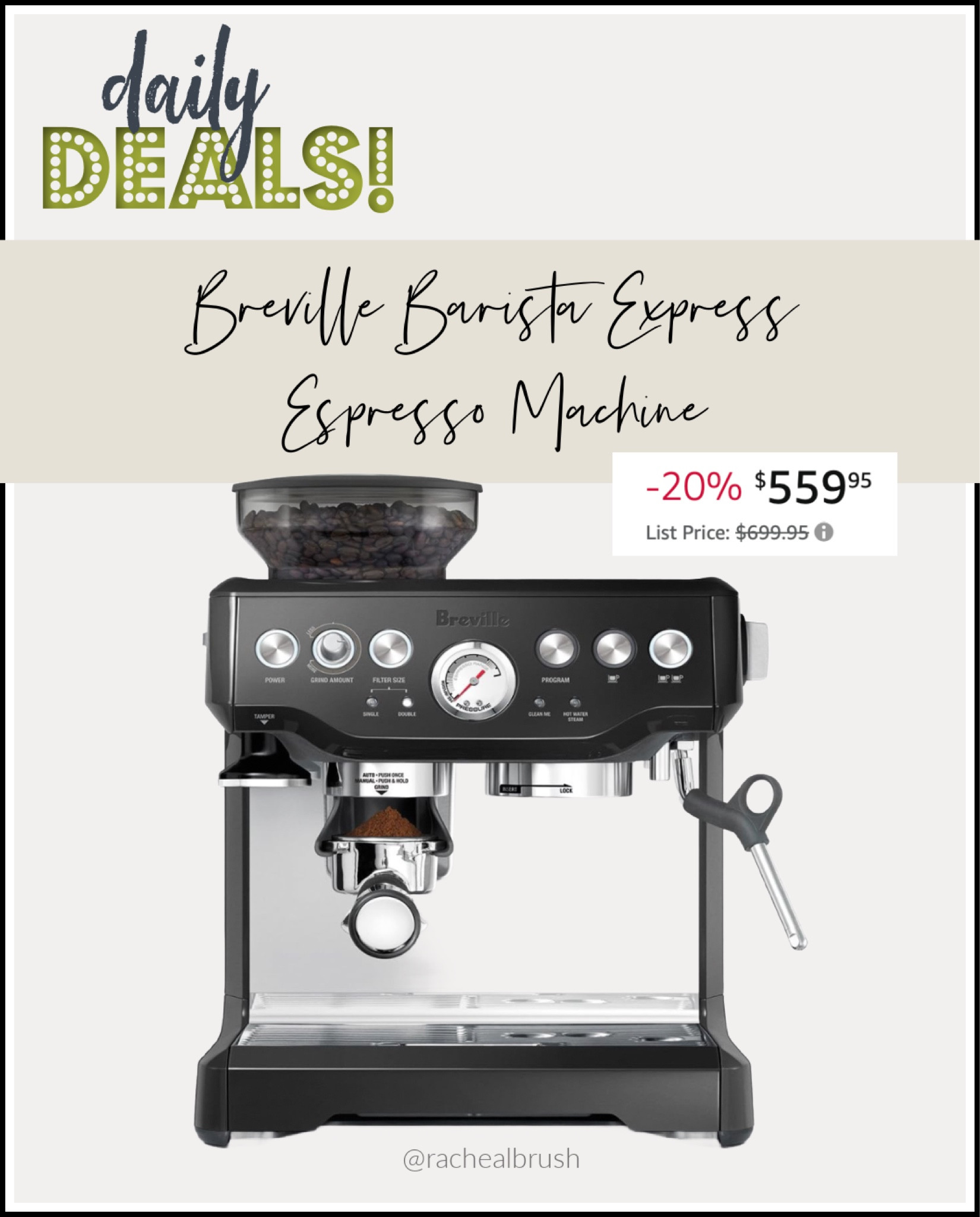 Breville Barista Express Espresso Machine. 20% off! Daily Deals. 
Coffee machine. Kitchen appliances  

#LTKGiftGuide #LTKhome #LTKsalealert