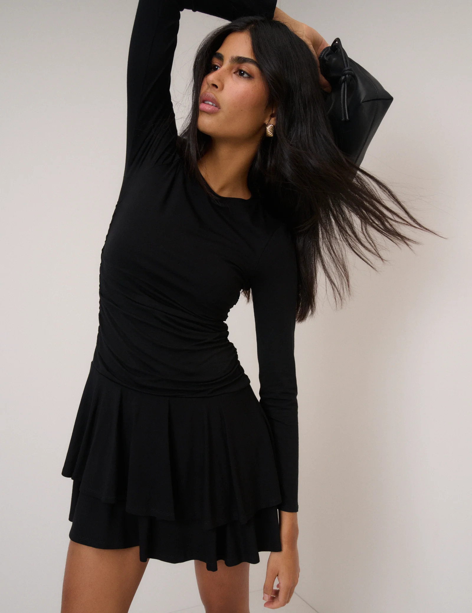 Black Long Sleeve Tiered Yuki Jersey Mini Dress | Nobody's Child